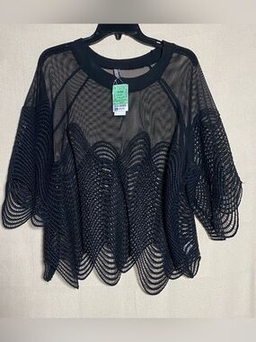Mirror Image Black Mesh Wave Scalloped Knit Crop Top Open Crochet Sheer Sz 3XL